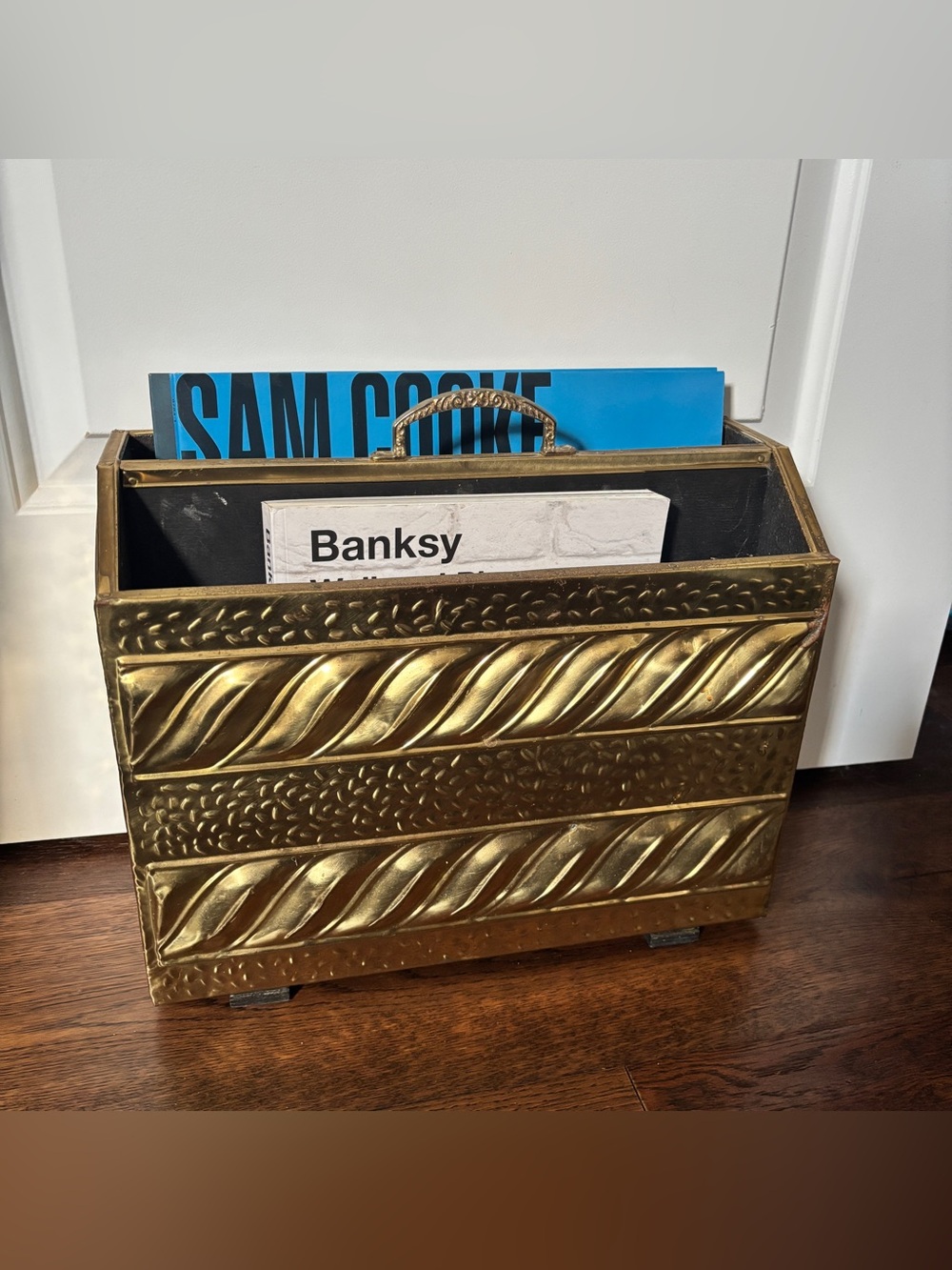Vintage Mid Century Hammered Brass Magazine / Record / Book Organizer Holder